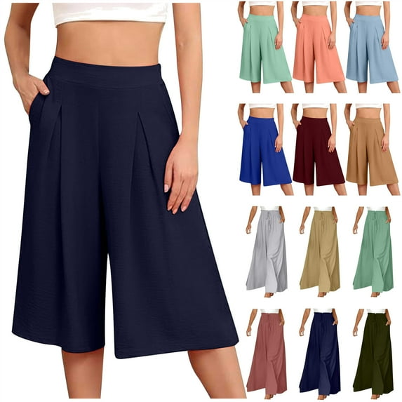 BiZtdJrK Wide Legged Cropped Pants for Women Loose Flowy Linen Beach Capris Solid Color Casual High Waisted Yoga Capri Pants, Green, XXL