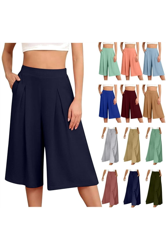 Womens Loose Fit Wide Leg Summer Comfy Linen Capri Pants Solid Casual Cropped Trousers Elastic High Waist Lounge Capris Pant with Pockets, Pink, XL