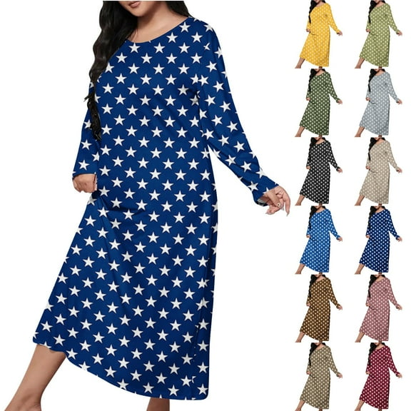 BiZtdJrK Womens Loose Nightgown Star Print Long Sleeve Round Neck Sleep Dress Plus Size Lightweight Comfy Casual Maxi Night Dresses Black S