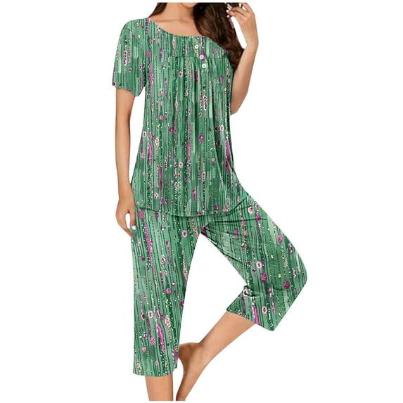 BiZtdJrK Womens Lounge Set, Casual Button Pleated Tee Tops Matching Capri Pants Pjs Lounge Set Trendy Print Cropped Trousers and Tshirts Sleepwear Suits Sales for Today Green XXL