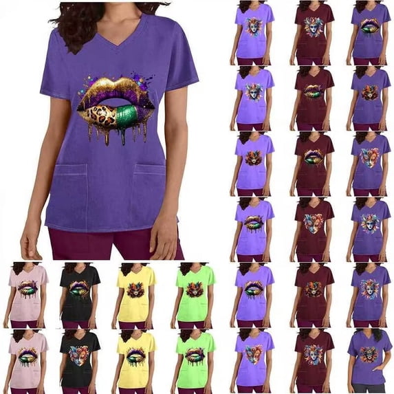 BiZtdJrK Womens Mardi Gras Scrubs 2025 Spring Scrub Tops Carnival Funny Graphic Shirts Casual V Neck Medical Nursing Uniforms with Pockets Gray S