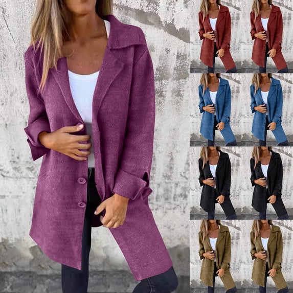 BiZtdJrK Womens Mid Length Trench Coat Solid Casual Button Open Front Lapel Blazer Fall Winter Wool Blend Long Sleeve Cardigans Hoy Oferta Flash Black L