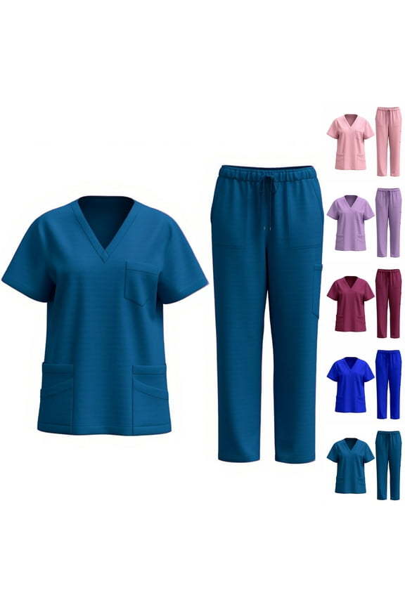 Womens Nursing Uniforms Quick Dry Scrubs Sets V Neck Short Sleeve Tops and Drawstring Pants Two Piece Outfits with Pockets Blue S
