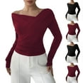 thumbnail image 1 of BiZtdJrK Womens Off the Shoulded Tops Ruched Asymmetrical Neck Long Sleeve Shirts Slim Fit Y2k Going Out Crop Tees Wine XL, 1 of 7