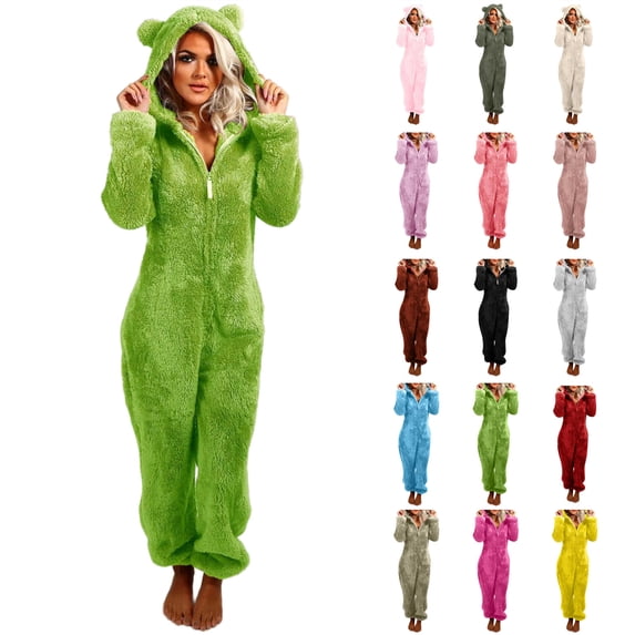 BiZtdJrK Womens One Piece Hooded Jumpsuits Nightwear Cute Bear Ear Plush Sherpa Pajamas Zip Up Winter Warm Fuzzy Rompers, Pink, XL