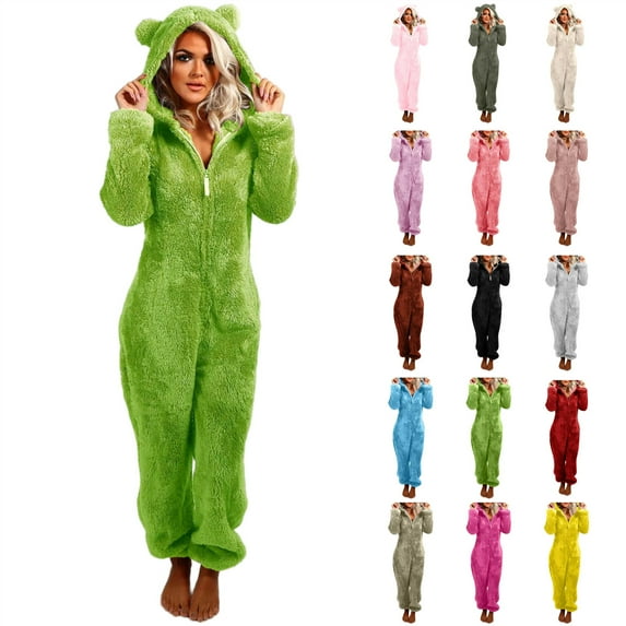 BiZtdJrK Womens One Piece Hooded Jumpsuits Nightwear Cute Bear Ear Plush Sherpa Pajamas Zip Up Winter Warm Fuzzy Rompers, Wine, L