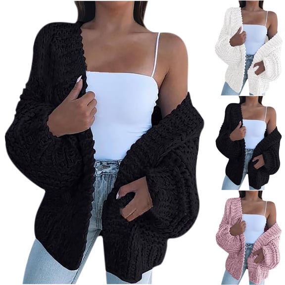 BiZtdJrK Womens Open Front Cardigans Cable Knit Long Sleeve Cardigan Sweater Comfy Cropped Sweaters Trendy Street Coat Black XL