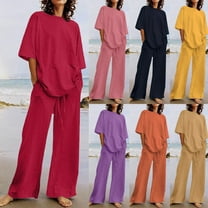 BiZtdJrK Womens Oversized Casual Cotton Linen Sets Comfy Breathable Beach Set Shoulder Drop Short Sleeve Tops and Pants Summer Outfits with Pockets