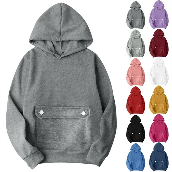 BiZtdJrK Womens Oversized Hoodies Fleece Plain Basic Soft Sweatshirts Y2K Fall Winter Outfits with Button Flap Pocket Black S