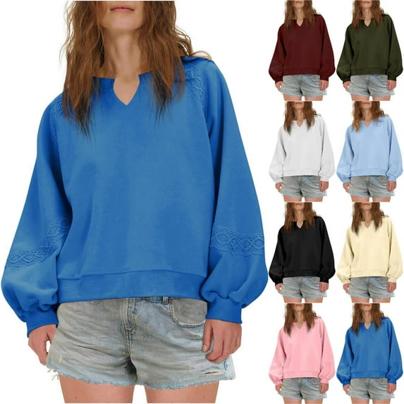 BiZtdJrK Womens Oversized Sweatshirt Lace Patchwork Fleece Lined Cropped Pullover Tops Fall Fashion Outfits Clothes Light Blue XL