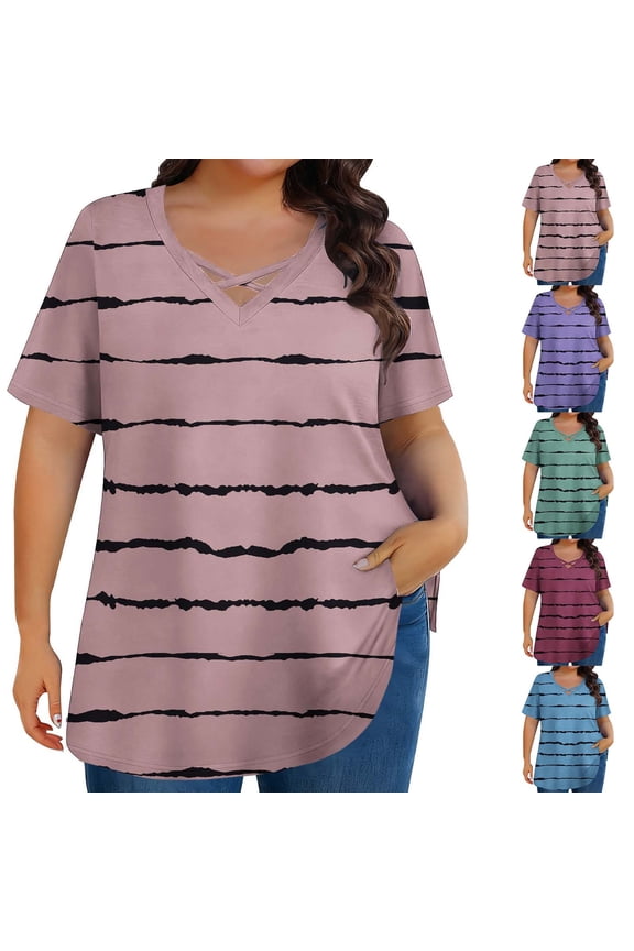 Womens Oversized T Shirts Striped Crossover V Neck Short Sleeve Summer Tee Tops Loose Comfy Casual T-Shirt Wine XL