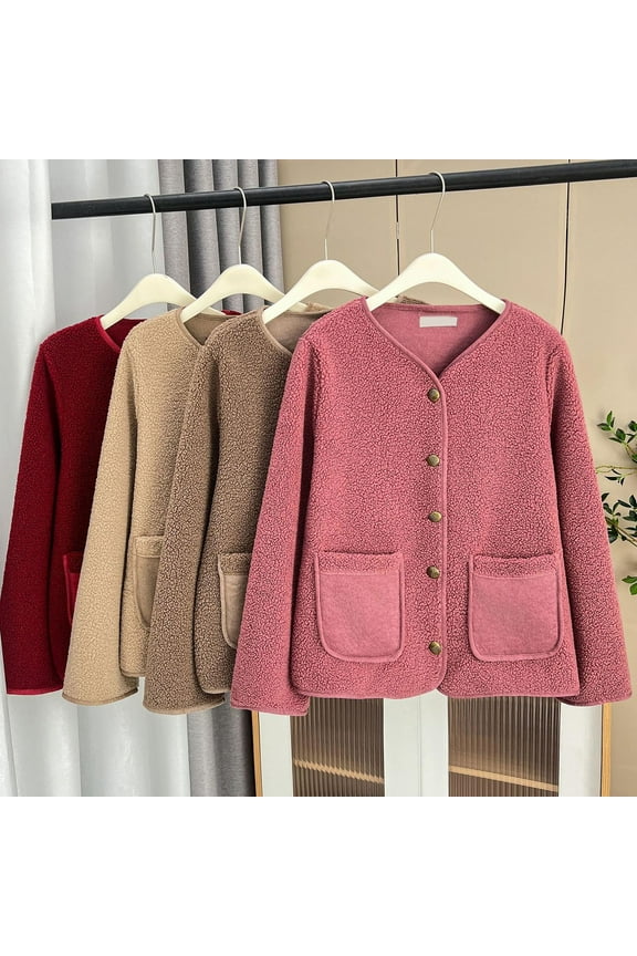 Womens Oversized Teddy Fleece Jackets Casual Button Open Front Cardigans Coat Solid Color Long Sleeve Jacket with Pockets Clearance Items Wine 3XL