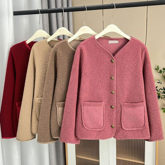 BiZtdJrK Womens Oversized Teddy Fleece Jackets Casual Button Open Front Cardigans Coat Solid Color Long Sleeve Jacket with Pockets Sales Prime Pink 4XL
