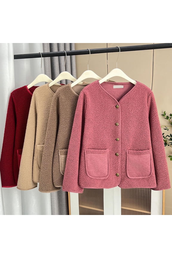 Womens Oversized Teddy Fleece Jackets Casual Button Open Front Cardigans Coat Solid Color Long Sleeve Jacket with Pockets Sales Prime Pink 4XL