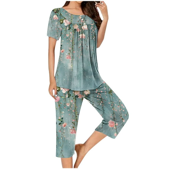 BiZtdJrK Womens Pajamas, Casual Button Pleated Tee Tops Matching Capri Pants Pjs Lounge Set Trendy Print Cropped Trousers and Tshirts Sleepwear Suits Sale of The Day Prime Today Green 3XL