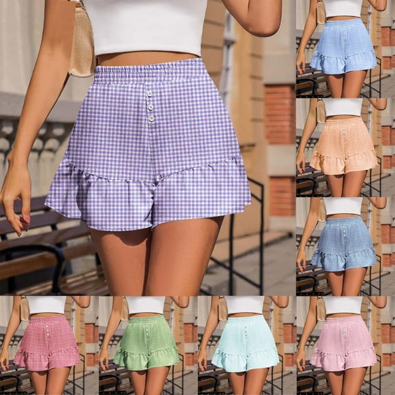 BiZtdJrK Womens Plaid Shorts Ruffle Hem High Waisted Mini Skorts Fashion Streetwear Going Out Short Skort with Button Design Red M