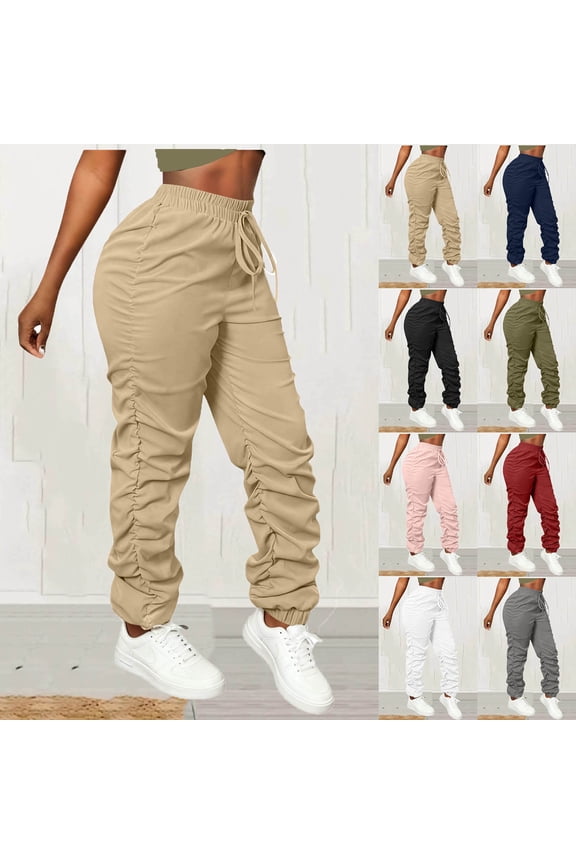 BiZtdJrK Womens Pleated Cuffed Cargo Pants Casual Drawstring Ealstic Waist Jogger Hiking Pants Solid Color Work Trousers with Pockets, Black, XL