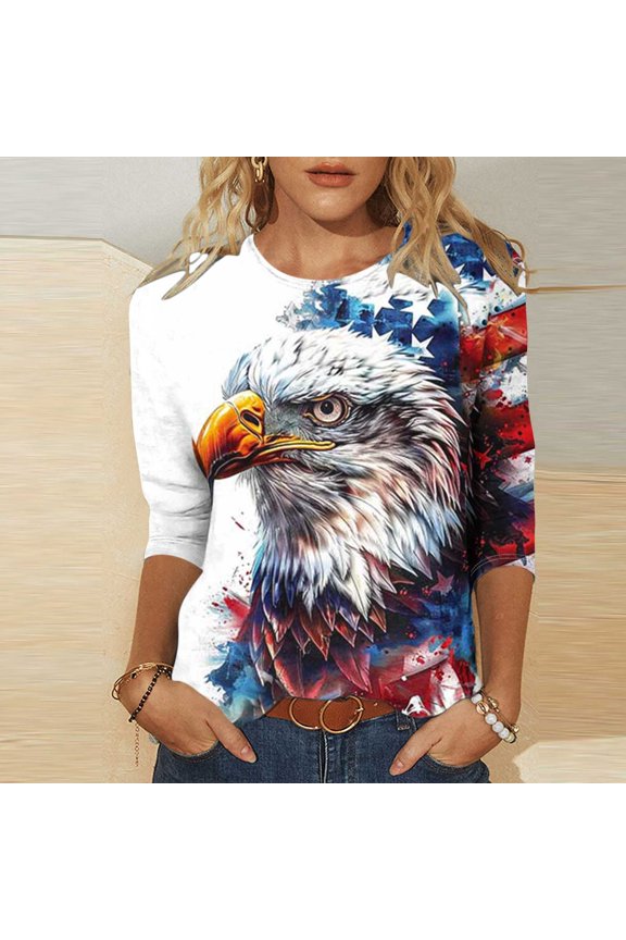 Womens Plus Size 3/4 Sleeve Tees Bald Eagle American Flag Novelty Graphics T Shirts July 4th Patriotic T Shirt Birthday Gift Multicolor XXXXL