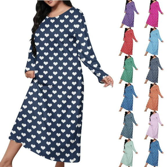 BiZtdJrK Womens Plus Size Casual Nightgowns Heart Printed Crew Neck Long Sleeve Maxi Dresses Lightweight Loose Fall Sleepdress Valentine's Day Gifts Army Green XXXXXL