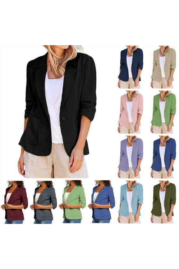 BiZtdJrK Womens Plus Size Linen Blazer Business Casual Suit Jacket with Pockets Fall 3/4 Sleeve Blazers for Office Work Beige L Gifts for Mom