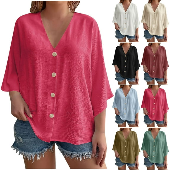 BiZtdJrK Womens Plus Size Loose Cardigan V Neck 3/4 Sleeve Button Down Cardigans Lightweight Summer Beach Cover Up Wine L