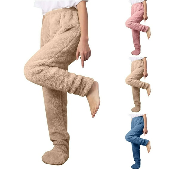 BiZtdJrK Womens Plus Size Plush Lounge Pants Footed Fuzzy Fleece High Waist Pajamas Bottoms Cozy Winter Home Sleep Pant Pink L