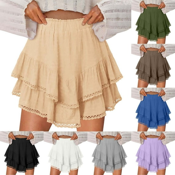 BiZtdJrK Womens Cotton Mini Skirt Ruffle Lace Trim Elastic High Waist Casual Skirts Flowy Summer Beach Skirts on sale and clearance Beige M