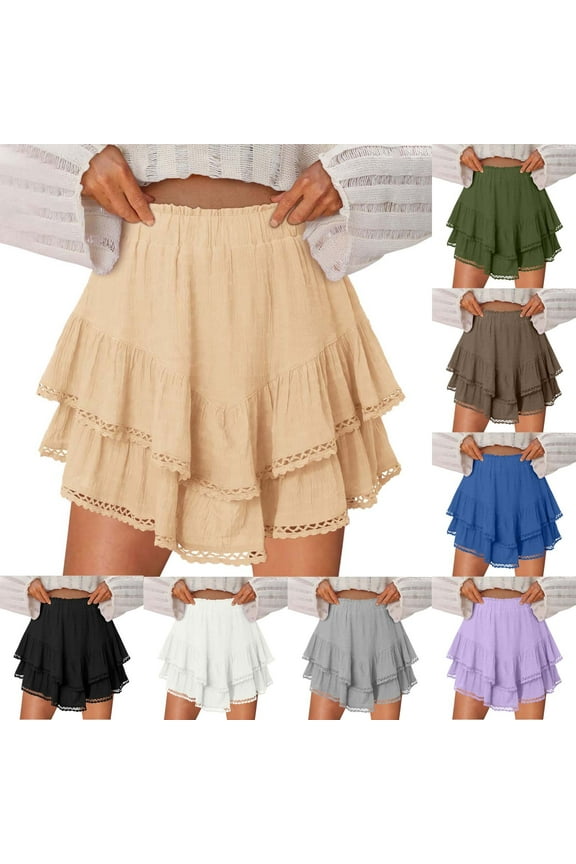 Womens Cotton Mini Skirt Ruffle Lace Trim Elastic High Waist Casual Skirts Flowy Summer Beach Skirts on sale and clearance Beige M
