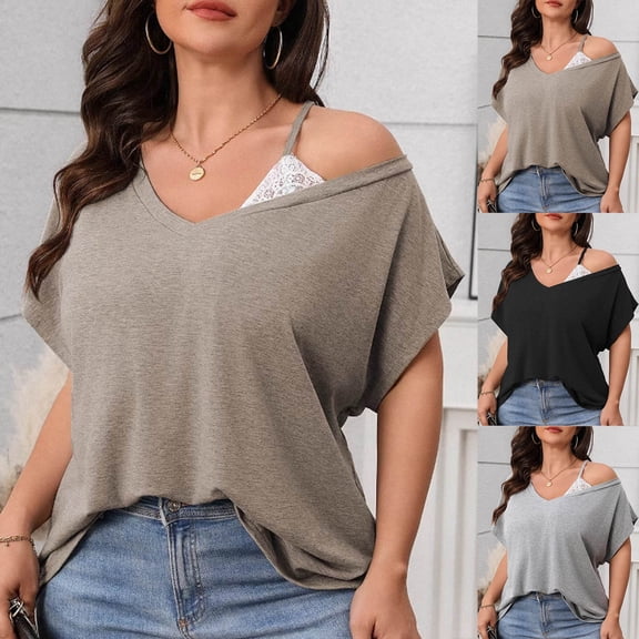 BiZtdJrK Womens Plus Size Tunic Tops One Shoulder Lace Trim Blouse Dressy Casual V Neck Short Sleeve Tees Gray XXL