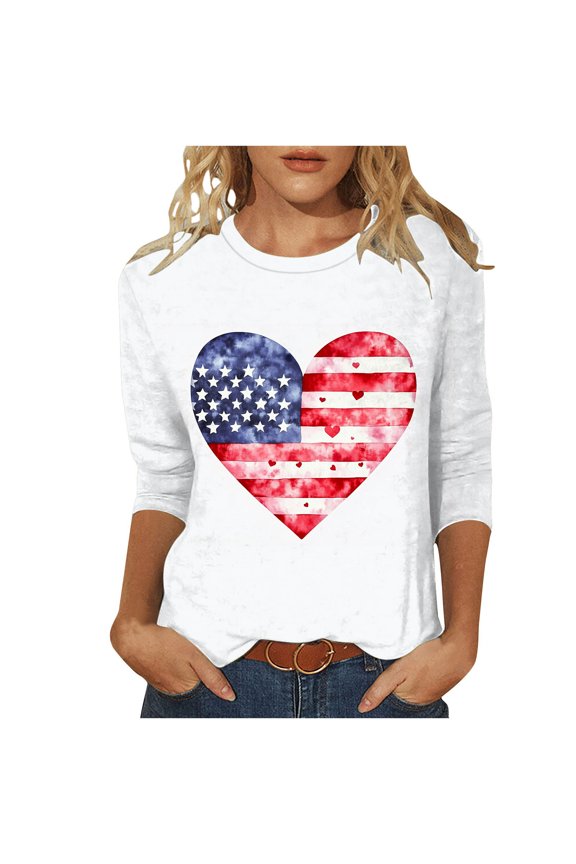 Womens Plus Size Vacation Tees USA Flag Love Heart Graphic Tee Shirts 3/4 Sleeve Summer Travel Tee Shirt Birthday Gift Red XXXL