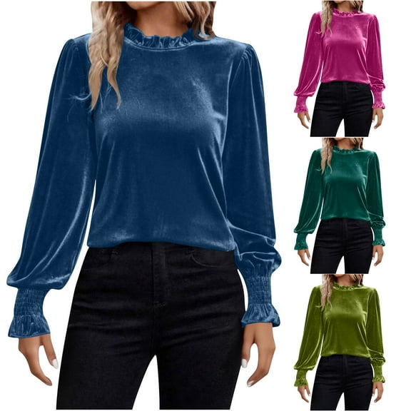 BiZtdJrK Womens Plus Size Velvet Tops Ruffle Crew Neck Cuff Long Sleeve Shirts Fashion Elegant Blouse Fall Casual Tee Top Green XXXXL
