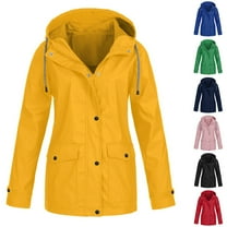 BiZtdJrK Womens Plus Size Waterproof Rain Jacket 2024 Outdoor Hooded Windbreaker Casual Loose Solid Trench Coat Hiking Raincoat with Pocket Prime By Hour Yellow XL