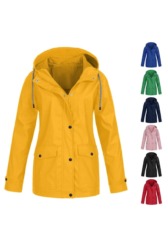 Womens Plus Size Waterproof Rain Jacket 2025 Outdoor Hooded Windbreaker Casual Loose Solid Trench Coat Hiking Raincoat with Pocket Today Prime Sales Green XL