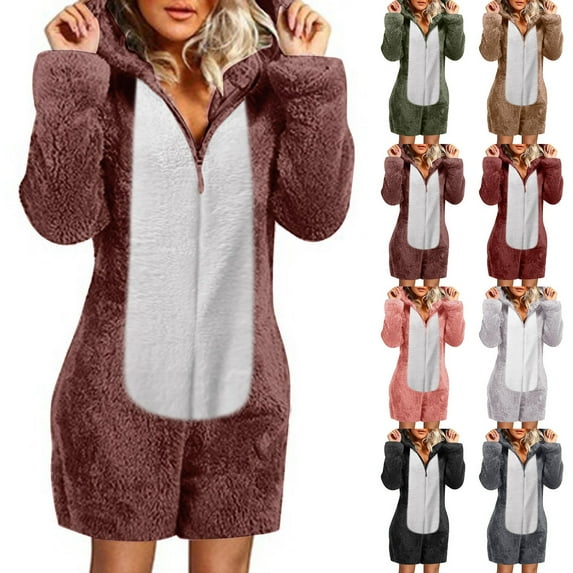 BiZtdJrK Womens Plush Onesies Pajamas Sherpa Fleece Short Jumpsuit Fuzzy Cute Ear Hooded Romper Zipper Sleepwear, Khaki, XXXXXL