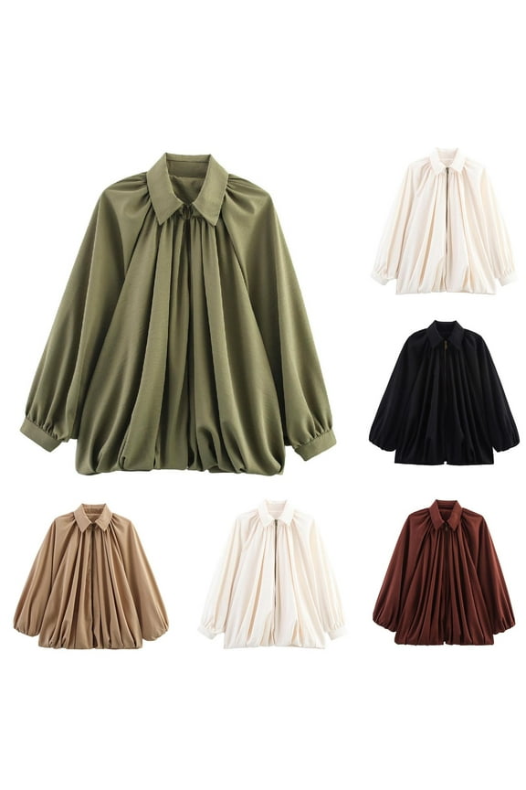 Womens Puffed Bomber Jacket Pleated Front Batwing Long Sleeve Zipper Jackets Lapel Collar Dressy Casual Outerwear Wine S