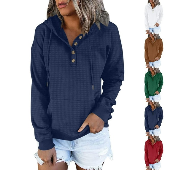 BiZtdJrK Womens Quarter Button Sweatshirt Waffle Knit Drawstring Pullover Sweatshirts with Pocket Fall Winter Lightweight Lounge Hoodies Coffee S