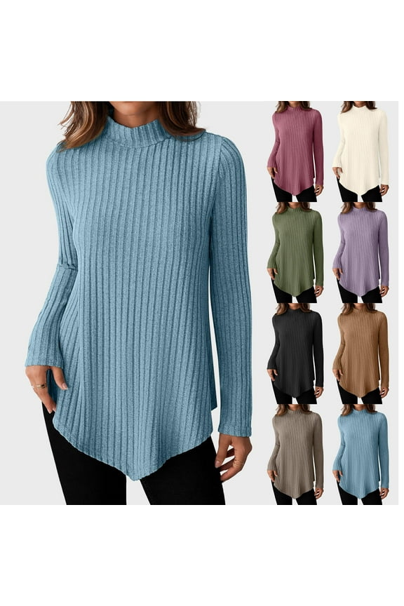 BiZtdJrK Womens Ribbed Long Sleeve Shirts Casual Mock Neck Lightweight Sweaters Loose Asymmetrical Hem Tunic Tops Fall Winter Clothes, Blue, XXL