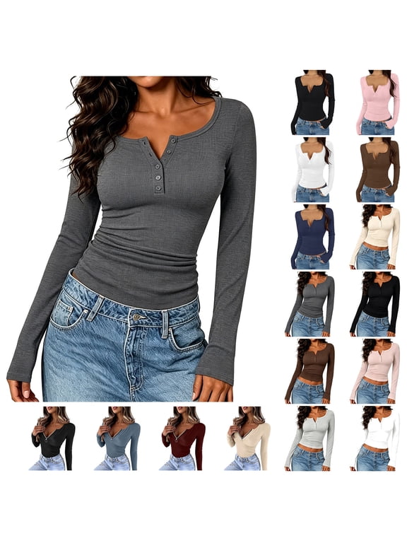 Womens Ribbed Tshirt Button V Neck Long Sleeve Cropped Tops Solid Color Slim Fit Casual Fall Tee Shirts Brown XXL