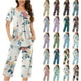 thumbnail image 1 of BiZtdJrK Womens Sets 2 Piece Outfits, Pleated Short Sleeve Shirts and Capri Pants Lounge Set Ladies Casual Button Nightwear Tops Cropped Trousers Sleepwear Suits Todays Sales Army Green XXL, 1 of 6