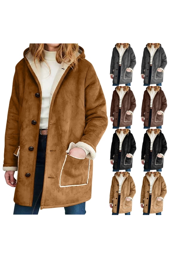 Womens Sherpa Fleece Lined Coats Faux Suede Button Down Long Sleeve Hooded Jackets Comfy Winter Warm Outerwear with Pockets Brown XL