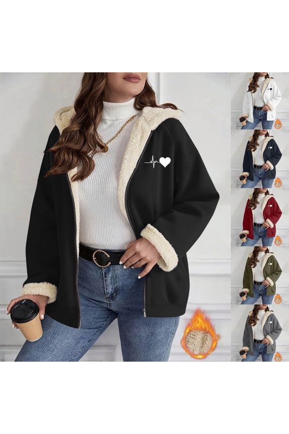 Womens Sherpa Lined Hoodie Jacket Fuzzy Fleece Trim Long Sleeve Zipper Hooded Coats Heart Print Valentine'S Day Sweatshirt Jackets with Pockets Gray S