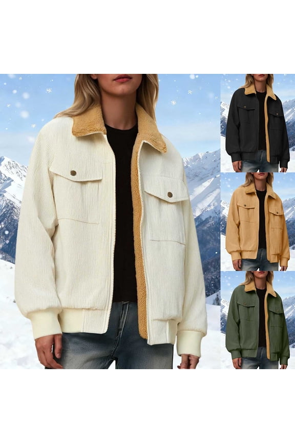 Womens Sherpa Lined Jackets Corduroy Lapel Long Sleeve Zip Up Cargo Jacket Plus Size Fall Fashion Coats with Chest Pockets Army Green M