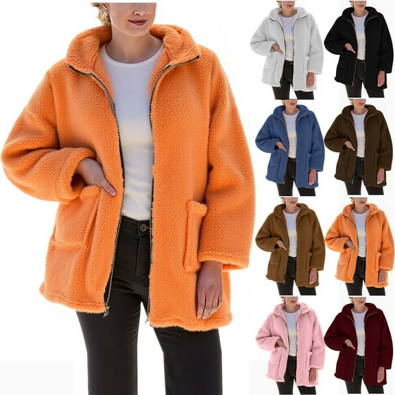 BiZtdJrK Womens Sherpa Lined Winter Jackets Long Sleeve Warm Faux Fur Coat Casual Zip Up Fleece Outerwear with Pockets, Orange, M