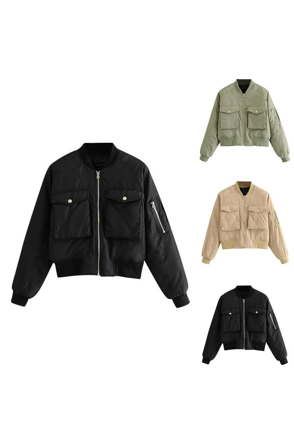 Womens Short Bomber Jacket Zip Up Long Sleeve Fashion Cropped Outerwear Casual Fall Jackets with Flap Pockets Black M