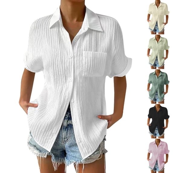 BiZtdJrK Womens Short Sleeve Button Down Dress Shirts Casual Loose Fit Chest Pocket Blouses Summer Solid Color Textured Lapel Work Tops Vacation Sale Army Green M