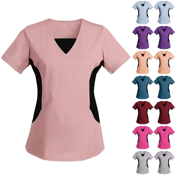 BiZtdJrK Womens Short Sleeve Scrub Tops Color Block V Neck Nurse Uniforms Stretch Tunic Work Scrubs T Shirts Pink M