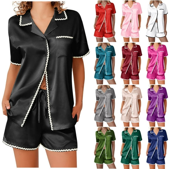 BiZtdJrK Womens Silk Satin Pajama 2 Piece Color Block Loungewear Sleepwear Sets Lapel Button Down Shirts and Shorts Set Gray S