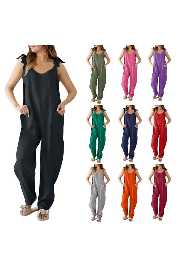 Womens Sleeveless Cotton Linen Jumpsuits Tie Strap Harem Long Pants Overalls Trendy Casual Summer Beach Rompers with Pockets sales today clearance prime only Black S