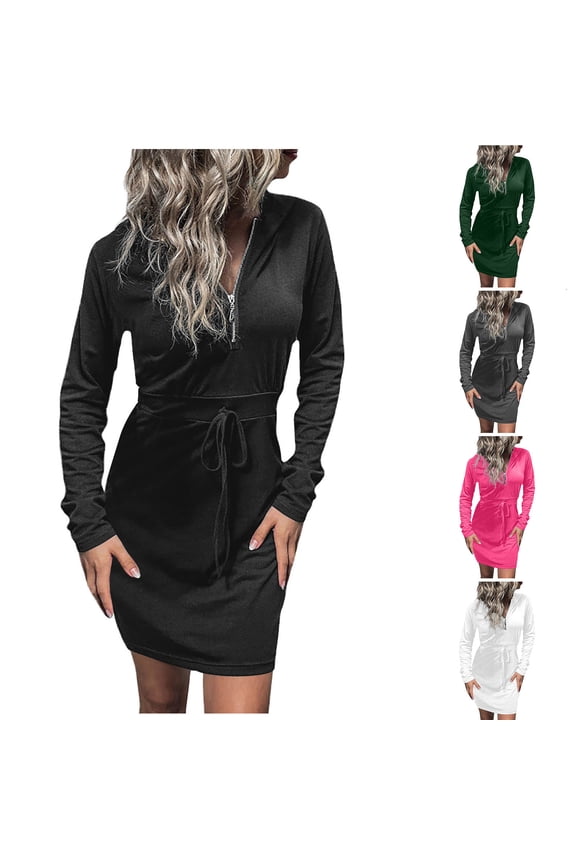 Womens Slim Hooded Dress Zipper V Neck Drawstring Waist Long Sleeve Mini Dresses Fahsion Streetwear Tunic Hoodie Sweatshirts Gray L