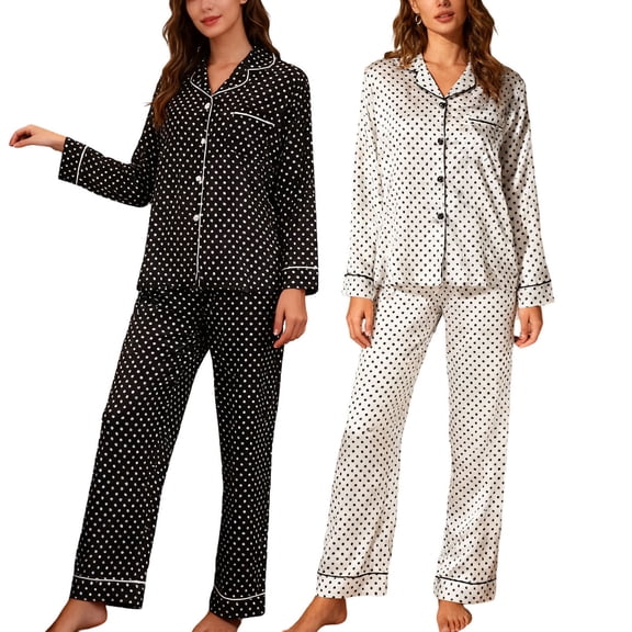 BiZtdJrK Womens Soft Pajamas Satin Silk Notched Lapel Long Sleeve Button Down Shirts and Pants Pjs Sets Fashion Loungwear 2 Piece Outfits with Chest Pocket Black S